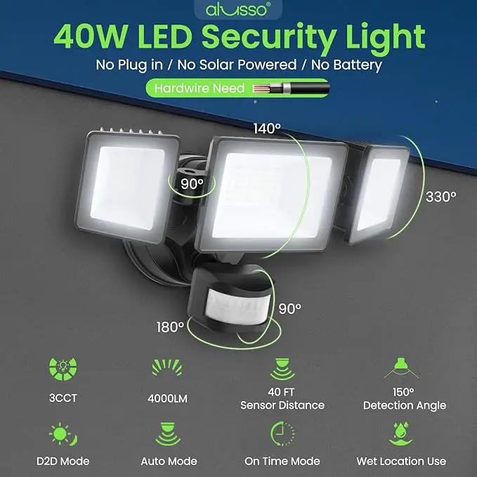 ALUSSO® Motion Sensor Outdoor Lights, 40W 4000LM 3 Modes Flood Lights Outdoor Motion Sensor, 3CCT 3 Heads Outdoor Security Light Wet Location Use for House Garage Yard Walkway, Black,ETL by GreenHaven Gardens