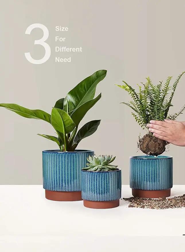 LE TAUCI Ceramic Plant Pots with Drainage Holes, Set of 3, 8+6.7+5.5 Inch Stripe Garden Planter Pots for Outdoor Indoor Plants Flower, Round Succulent Orchid Flower Pot, Reactive Glaze Black by GreenHaven Gardens