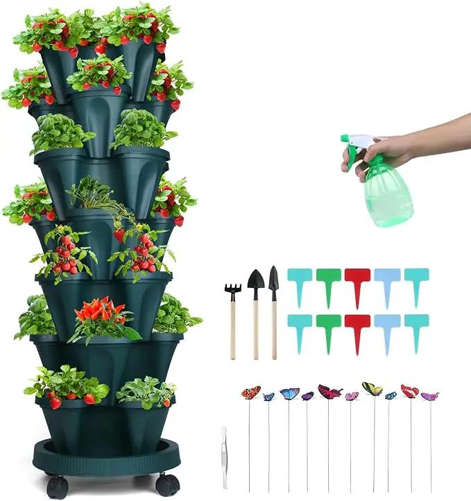 Vertical Planter, 7 Tier Stackable Strawberry Planter with Garden Tool Set, Movable Indoor/Outdoor Garden Herb Pot for Growing Vegetables and Succulents, Green by GreenHaven Gardens