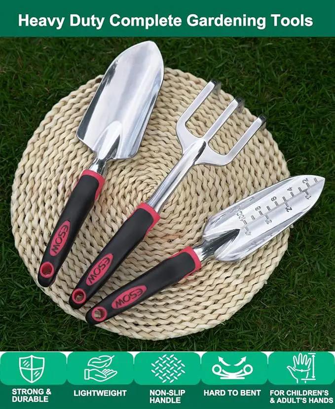 ESOW Garden Tool Set with Non-Slip Rubber Handle, 3 Piece Cast-Aluminum Heavy Duty Gardening Kit Includes Hand Trowel, Transplant Trowel and Cultivator Hand Rake, Red by GreenHaven Gardens