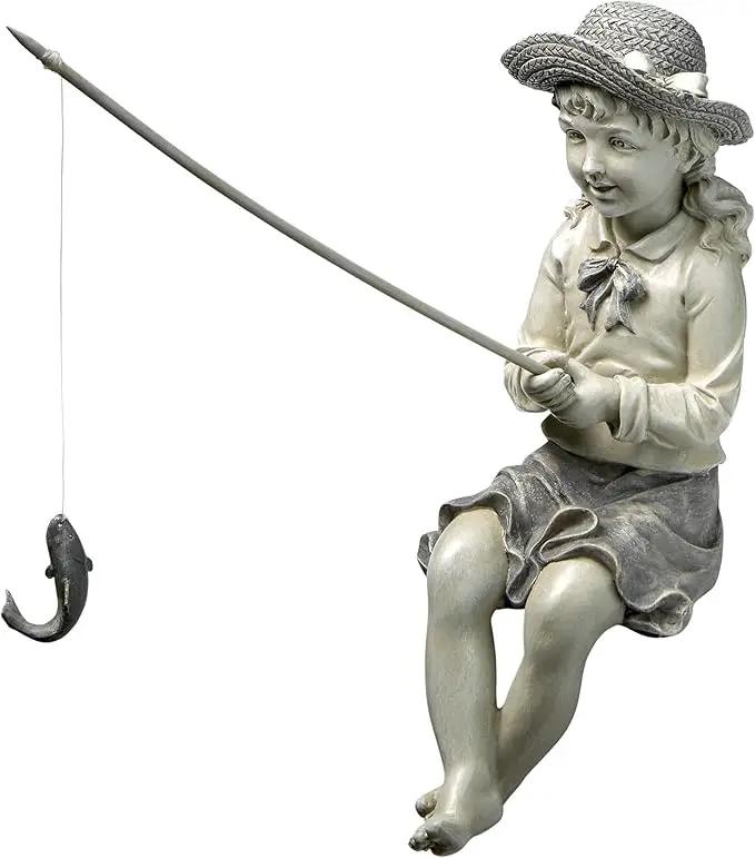 Design Toscano Big Catch Fisherwoman Nellie Girl with Fishing Pole Garden Statue, Small 11 Inch Tall, Cast Stone Resin, Two Tone Stone Finish by GreenHaven Gardens