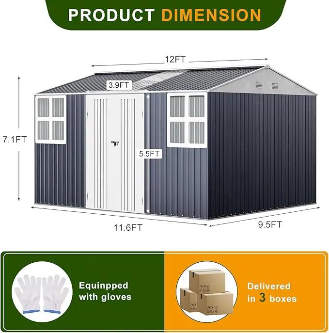 12x10 FT Metal Sheds & Outdoor Storage: Heavy Duty Garden Sheds with Dual Transparent Panels, 2x4-Pane Windows & Hinged Double Doors, Weatherproof Tool Shed for Backyard, Garden, Patio, Grey/White by GreenHaven Gardens
