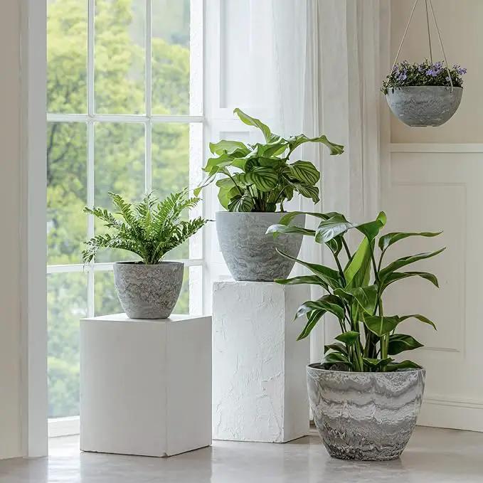 LA JOLIE MUSE Hanging Planter Flower Plant Pots - 10 Inch Indoor Outdoor Balcony Patio Hanging Basket Set of 2, Marble Pattern by GreenHaven Gardens
