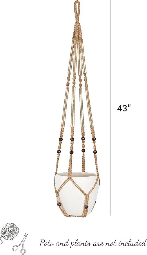 Mkono 43 Inch Macrame Plant Hanger Large for up to 12 Inch Pot Extra Long Hanging Plant Holder No Tassels Hanging Planter Basket with Wood Beads for Indoor Outdoor Home Decor, Brown, Set of 2 by GreenHaven Gardens