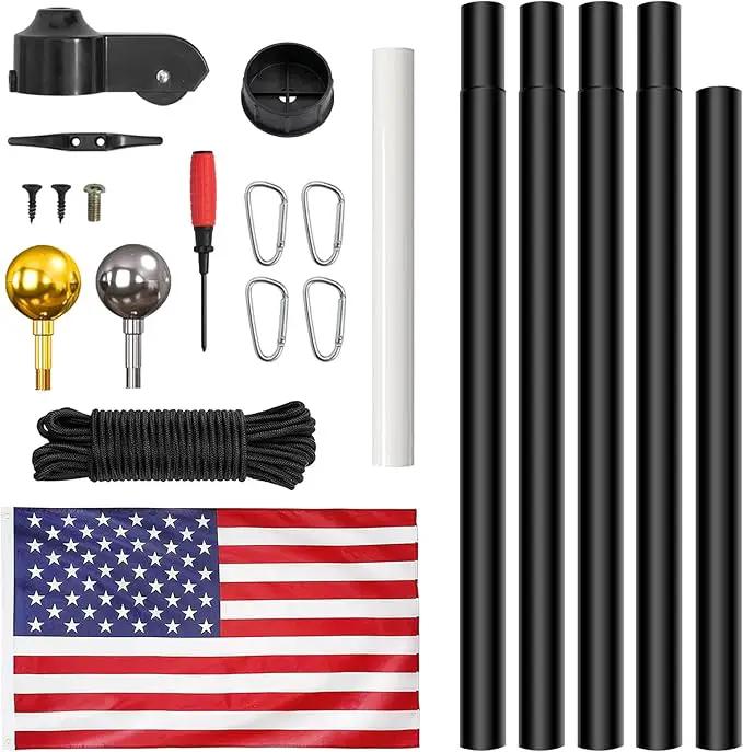 Flag Pole for Outside in Ground, 20FT Sectional Extra Thick Flagpole Kit, Heavy Duty Aluminum Outdoor Flag Poles with 3x5 American Flag for Yard, Garden, Residential or Commercial, Black by GreenHaven Gardens