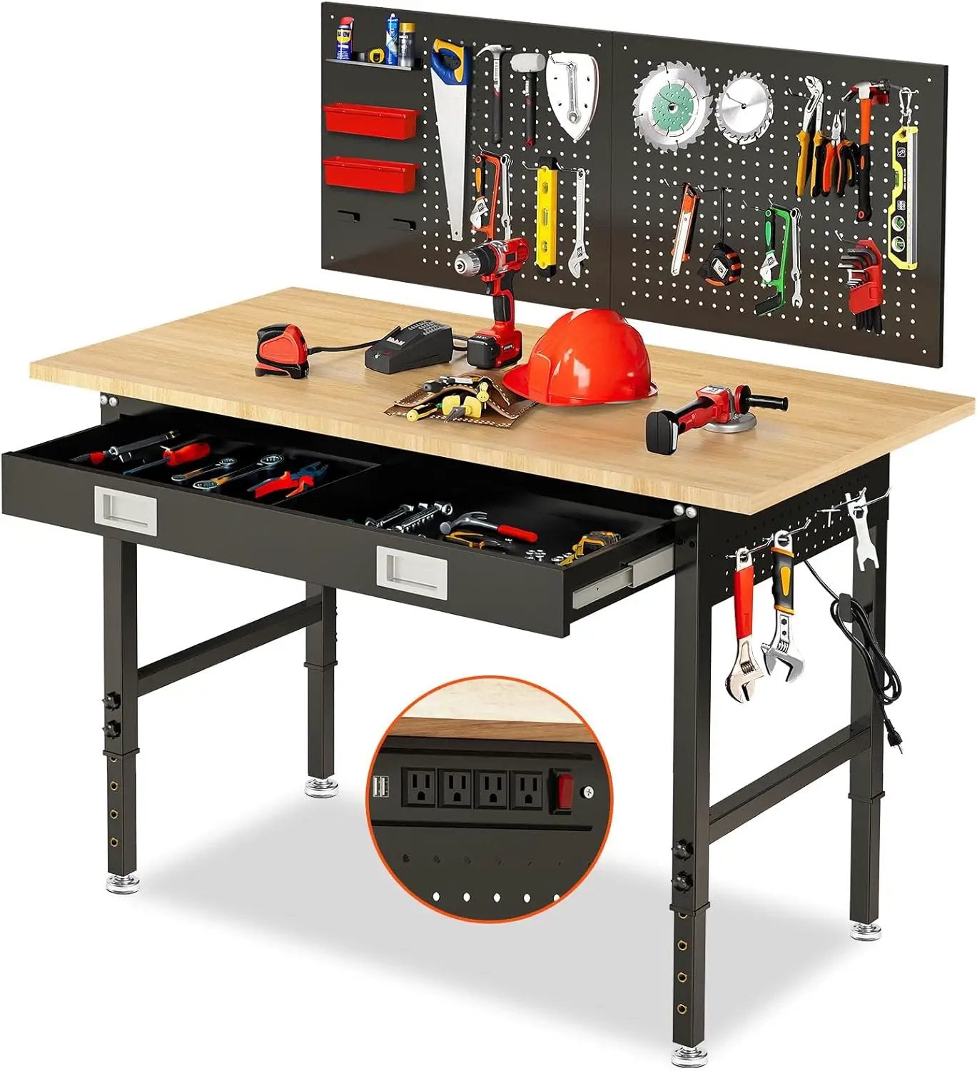 60" Workbench for Garage with Drawers Rubberwood Tabletop Work Table with Pegboard, Power Outlets Adjustable Height Work Bench for Office, Woodworking Shop, Home by GreenHaven Gardens