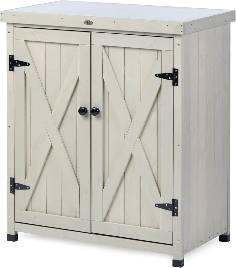 Outdoor Storage Cabinets Weatherproof for Patio, Garden Work Bench with Shelves & Metal Tabletop, Wooden Potting Table Workstation by GreenHaven Gardens