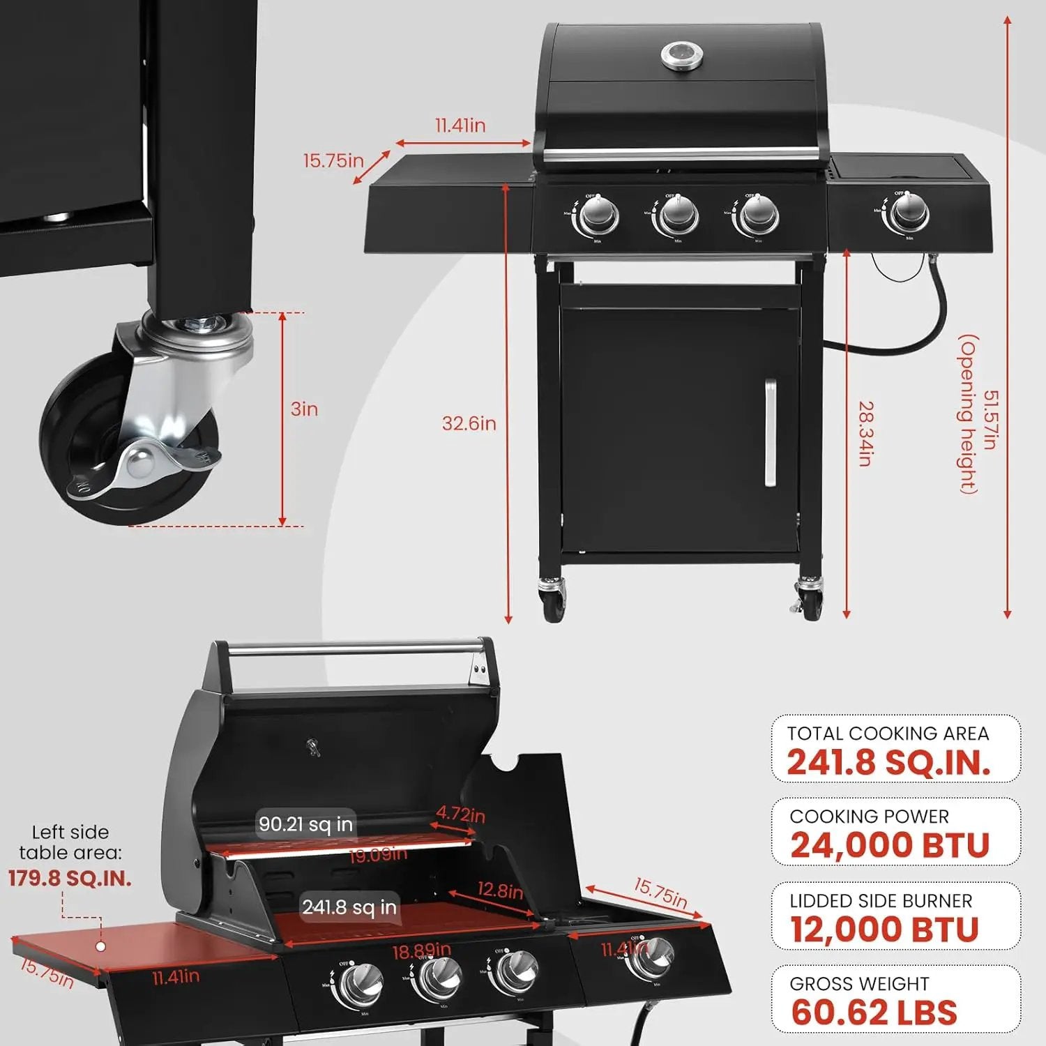 Q042-3-Burner w/Side Burner Gas Grill with 241 SQ.IN. Outdoor Grill with 36,000 BTU,Propane Grills with Top Cover Lid,Grills Outdoor Cooking for Patios,Balcony,Camping,Garden by GreenHaven Gardens