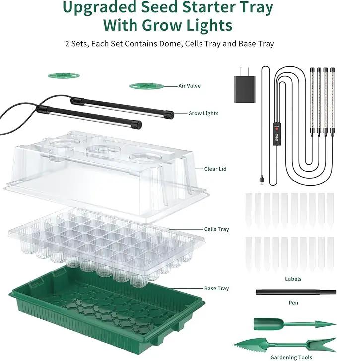 Seed Starter Tray, 80-Cells Seedling Starter Trays with Grow Light and Humidity Dome, Reusable Seed Germination Kit for Indoor Gardening Seed Starting (2 Pack, Green Base) by GreenHaven Gardens