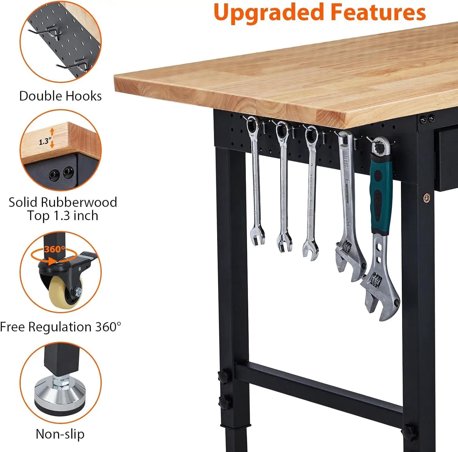 60'' Adjustable Workbench, Heavy Duty Workbench with Drawer, Power Outlet and Lockable Wheels, 2000 LBS Capacity, Work Table Suitable for Office, Garage, Workshop by GreenHaven Gardens