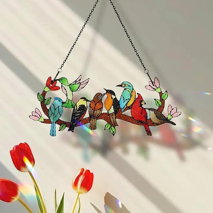 Huray Rayho Birds On Branch Stained Glass Suncatcher Cardinal Hummingbird Kingfisher Double Side Glass Panel Window Hanging Decor Bird Ornament Bird Lover Gift for Mom Grandma by GreenHaven Gardens