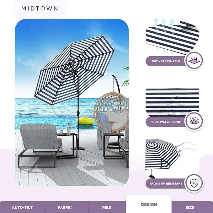 Midtown Umbrellas 10-Year-No-Fade - 8 Ft - UV Proof Navy/White Stripes Fabric - Umbrella Outdoor Patio, Auto-Tilt Aluminum Frame Patio Umbrella for Garden, Pool & Deck - Black Pole by GreenHaven Gardens