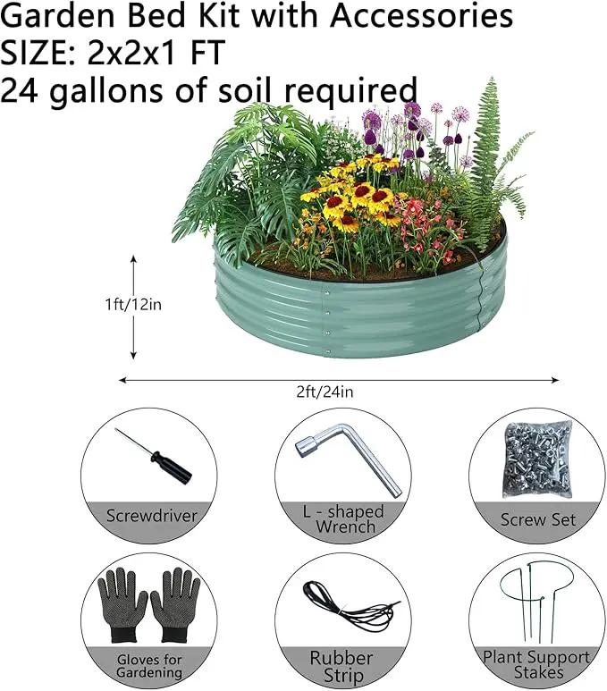 Galvanized Metal Planter Round Raised Garden Bed Kit for Gardening Outdoor，2x2x1ft Grow Garden Box Raised Flower Bed，Round Galvanized Planter Outdoor Metal Fire Pit Ring by GreenHaven Gardens