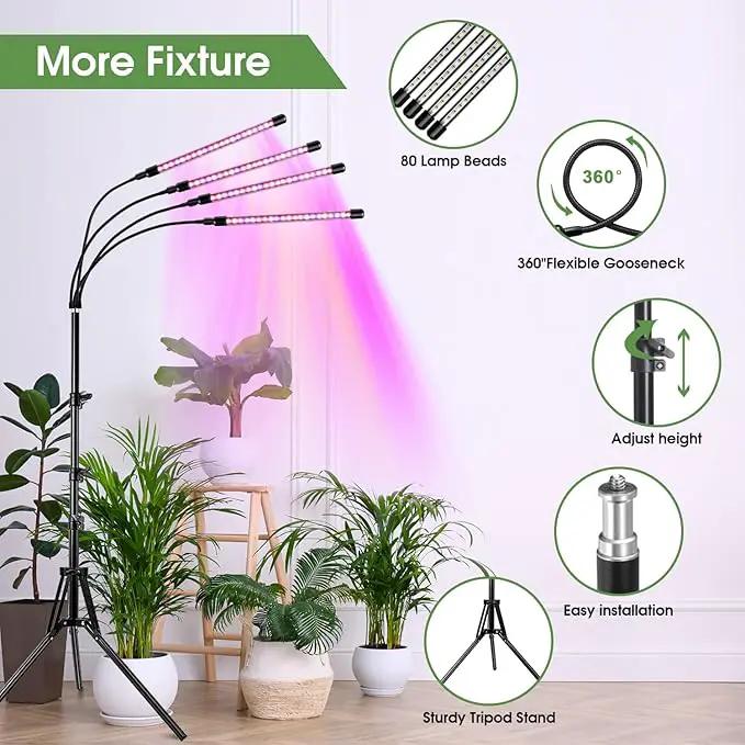 Wolezek Plant Light for Indoor Plants, 4-Head 80 LED Full Spectrum Grow Lights for Seed Starting with 15-61 inches Adjustable Tripod Stand, Red Blue Warm White Floor Grow Lamp with Auto 6/12/16H Timer by GreenHaven Gardens