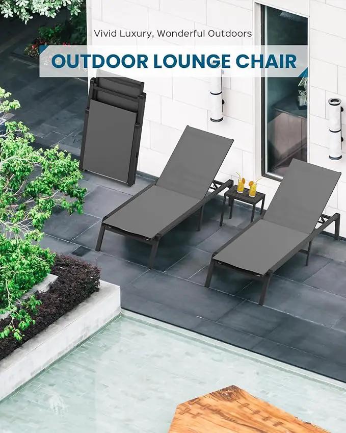Pool Lounge Chairs Set of 2, Foldable Aluminum Chaise Lounge Outdoor with 5 Positions Recliner - Free Assembly - Patio Chaise Lounge Chair for Poolside, Beach, Yard (Darkgray, 2 Pack) by GreenHaven Gardens