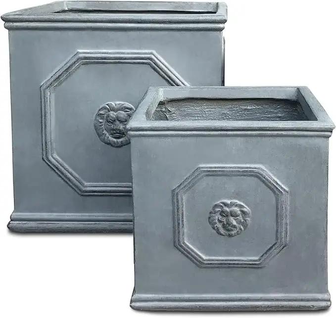 Kante Square Lion Head Concrete Planter Set of 2, Classic English Style Plant Pot with Drainage Hole and Rubber Plug for Indoor Outdoor, 10.2"x10.2"x10.2" and 12.6"x12.6"x12.6" Antique Gray by GreenHaven Gardens