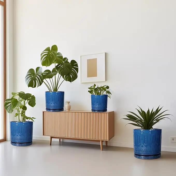Ceramic Planter - 8 Inch Plant Pot Indoor with Drainage Holes and Saucer Round Planter Outdoor Mid-Century Modern Flower Pot Succulent Pot for Home Decor Blue by GreenHaven Gardens