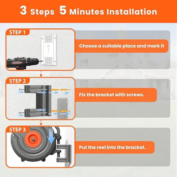 Upgraded Retractable Garden Hose Reels 130 ft X 1/2" PRO Metal Bracket 180° Swivel Any Length Lock Heavy Duty Water Hose Reels Wall Mount 9 Pattern Nozzle Garden Watering by GreenHaven Gardens