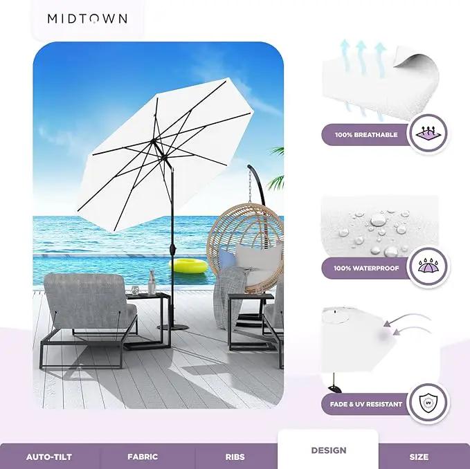 Midtown Umbrellas 10-Year-No-Fade - 9 Ft - UV Proof Ivory White Polyester Fabric - Umbrella Outdoor Patio, Auto-Tilt Aluminum Frame Patio Umbrella for Garden, Pool & Deck - Black Pole by GreenHaven Gardens