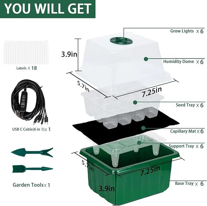 Self-Watering Seed Starter Tray - Kit with Grow Light and Humidity Dome, 6-Pack 72-Cell Plant Seedling Tray,Reusable Plastic Germination Trays for Indoor Gardening Seeds Growing Starting by GreenHaven Gardens