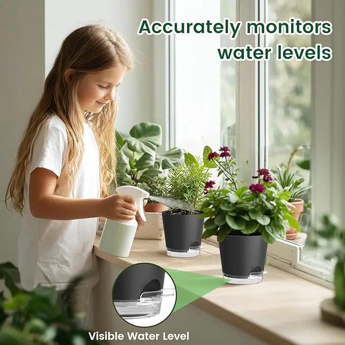 6 inch Self Watering Pots for Indoor Outdoor Plants, 6 Pack Flower Plant Pots with Drainage Holes and Clear Reservoirs, Visible Water Level, Plastic Planters with Wicking Rope, Black by GreenHaven Gardens