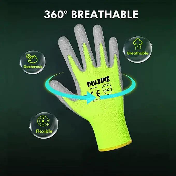 DULFINE Safety Work Gloves for Men PU Coated 12 Pairs Bulk Pack,Hi-Vis Yellow Seamless Knit Glove with thin Polyurethane Coated Smooth Grip on Palm & Fingers, Ideal for General Duty Work (Large) by GreenHaven Gardens