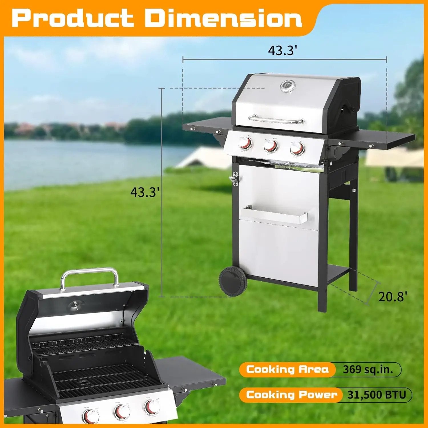 CIG GARDEN 3-Burner Propane Gas Grill,Outdoor Barbecue Grill with 2 Foldable Side Tables,Double-layer Stainless Steel Grill Lid with Cast Iron Grates,31500 BTU Output Perfect for Camping,BBQ Grill by GreenHaven Gardens