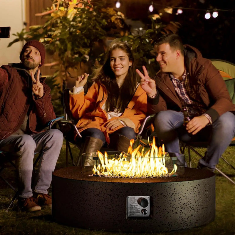 COSIEST 42 inch Outdoor Propane Fire Pit Coffee Table w Concrete Round Base Patio Heater, CSA Certified, 50,000 BTU Stainless Steel Burner, Free Lava Rocks, Rain Cover, Wind Guard, Tank Cover by GreenHaven Gardens