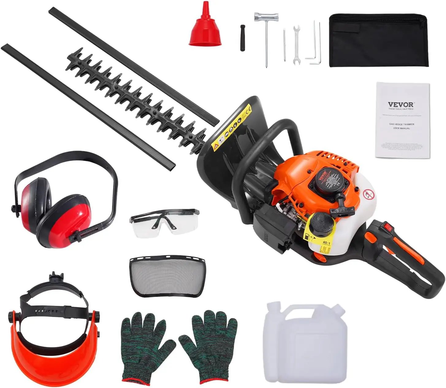 VEVOR Gas Hedge Trimmer 2 Cycle, 23.2-Inch 26cc Dual Sided Blade, Handheld, Lightweight, EPA, CE, EMC Certified, Ideal for Trimming Shrubs and Bushes, Includes Blade Cover, Gloves and Ear Protectors by GreenHaven Gardens