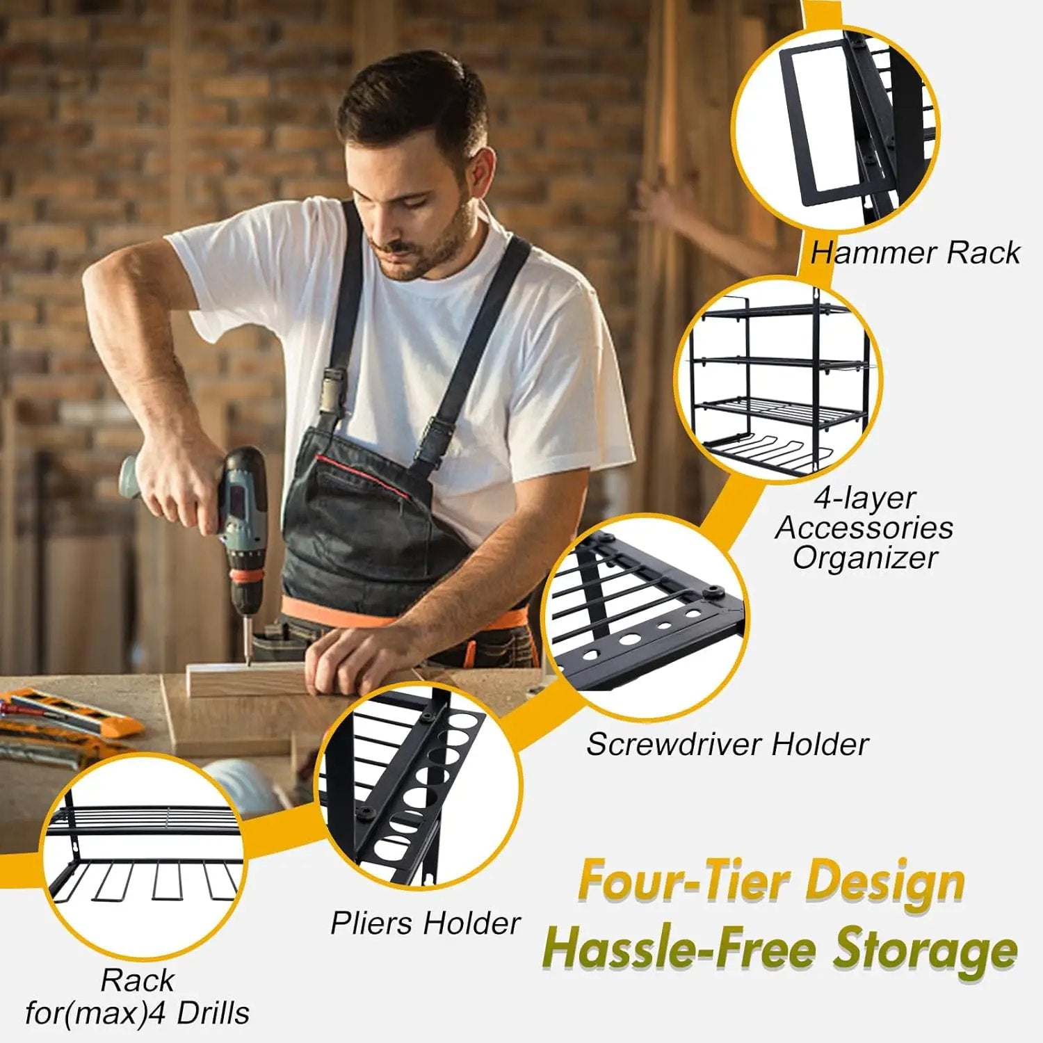 Wall Mount Power Tool Organizer, 4 Layer 4 Drill Hangers Storage Rack, Tool Organizers and Storage for Garage, Workshop, Pegboard, Shed - 16 inch by GreenHaven Gardens