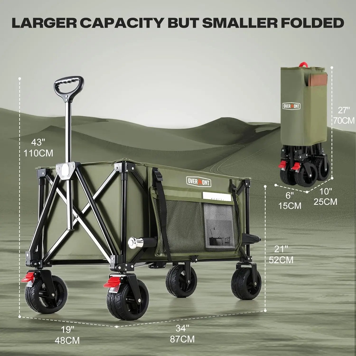 Overmont Collapsible Wagon Cart with Wheels - 180L Foldable Heavy Duty Wagon with Big All-Terrain Wheels - 330Lbs Weight Capacity with Side Pockets for Camping Sports Garden Grocery Shopping Green by GreenHaven Gardens