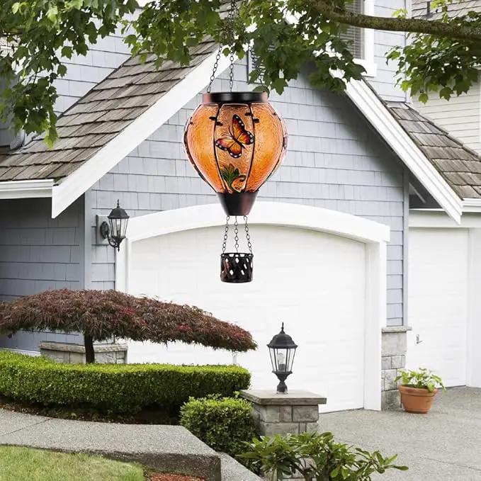 Starsoul Butterfly Hot Air Balloon Solar Lantern with Flickering Flame Light Glass Solar Powered Hot Air Balloon Lamp Waterproof Hanging Outdoor Solar Lantern for Yard Porch Backyard Decor by GreenHaven Gardens