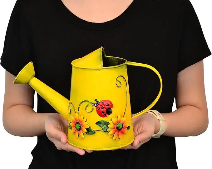 Decorative Sunflower & Ladybug Metal Watering Can (Vol: 4 Cups) | Small Yellow Watering Can | Garden Décor Housewarming Gift for Mother Women Friends Gardeners by GreenHaven Gardens