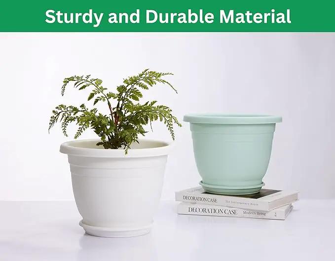 5 Packs 10 inch Plant Pots + Saucer, Planters for Indoor & Outdoor Plants with Drainage Holes | Plastic Flower Pots, Large Planter (White, 10 inch) by GreenHaven Gardens