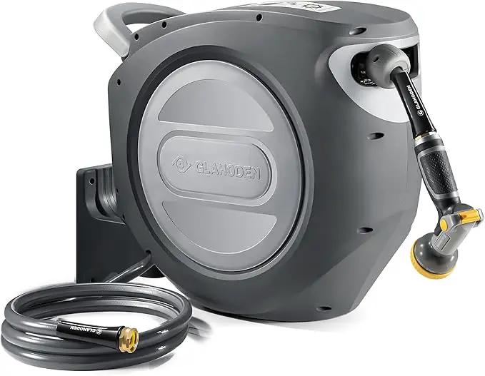 Retractable Garden Hose Reel 1/2 in x 100 ft Upgraded UV Resistant Heavy Duty Automatic Hose Reel Wall Mount 3/4 in Brass Fitting 9 Pattern Nozzle Any Length Lock Slow Retraction 180° Swivel by GreenHaven Gardens
