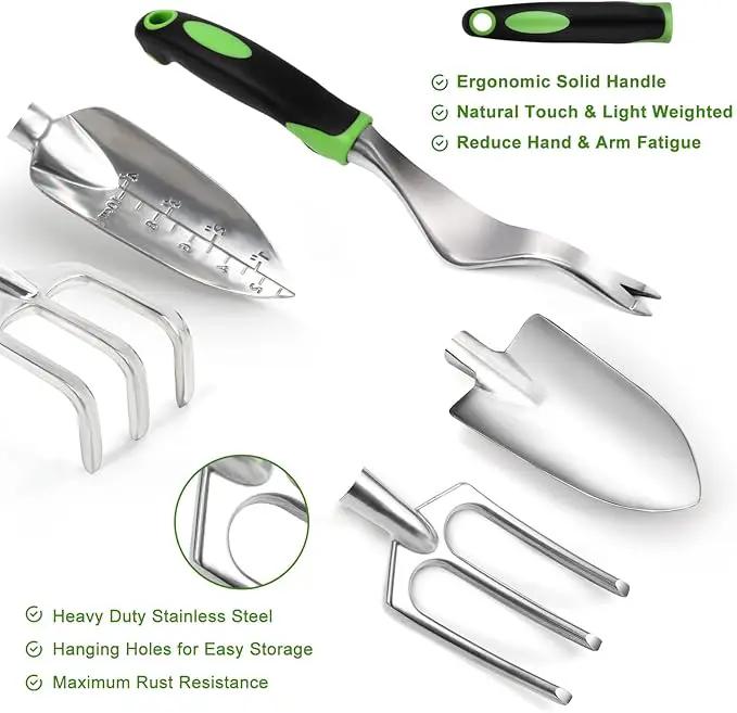 Garden Tool Set with Non Slip Rubber Grip,8 Piece Stainless Steel Gardening Tool Sets,Heavy Duty Outdoor Hand Tools Durable Storage Tote Bag,Uprooting Weeding Tool, Gifts for Women Men Green by GreenHaven Gardens
