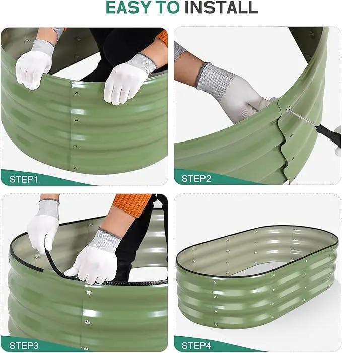 Galvanized Raised Garden Bed Outdoor - 4×2×1ft Planter Raised Beds for Gardening | Oval Metal Garden Planter Box with Safety Edging and Gloves for Vegetables Fruits and Flowers OliveGreen by GreenHaven Gardens