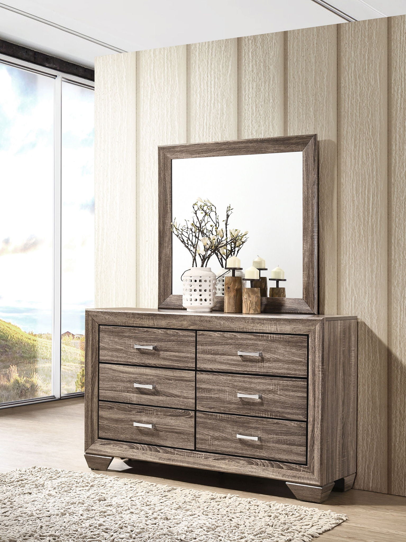 Kauffman 6-drawer Dresser with Mirror Washed Taupe by Unique Piece Furniture