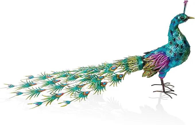 Alpine Corporation HEH378 Metal Jumbo Sized Majestic Peacock Decor, Elegant Garden & Patio Bird Statue, 33" H, Blue by GreenHaven Gardens