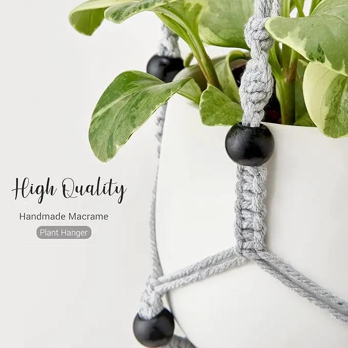 Mkono Macrame Plant Hanger Indoor Hanging Planter Basket with Wood Beads Decorative Flower Pot Holder No Tassels for Indoor Outdoor Boho Home Decor 35 Inch, Grey, Set of 1 (POTS NOT Included) by GreenHaven Gardens