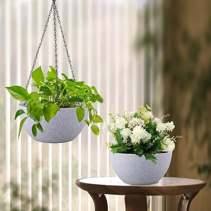10 inch Hanging Planters for Indoor Outdoor Plants, 2 Pack Hanging Flower Pots with Drainage Holes and Chain for Garden Porch, Plastic Hanging Baskets for House Plants, Speckled Grey by GreenHaven Gardens