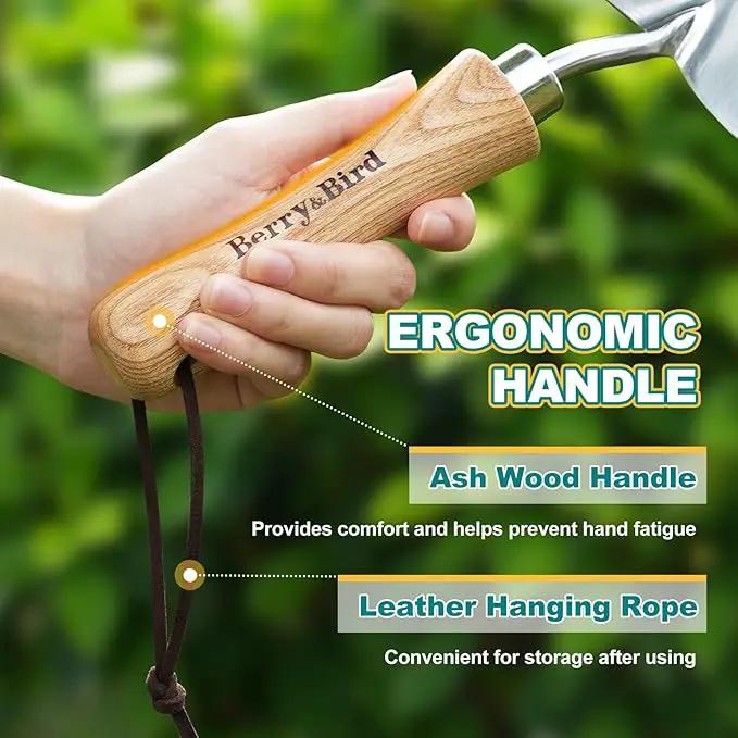 Berry&Bird Potting Trowel, Stainless Steel Serrated Hand Shovel, Wood Handle Garden Trowel Tool with Measuring Scale for Effortless Digging,Roots，Planting, Cutting and Transplanting by GreenHaven Gardens