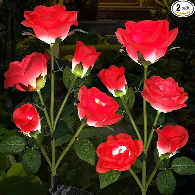 Solar Garden Lights, Solar Outdoor Lights with More Realistic 10 Rose Waterproof Solar Powered Flowers for Outside Patio Yard Pathway Decorations, 2 Pack Red by GreenHaven Gardens
