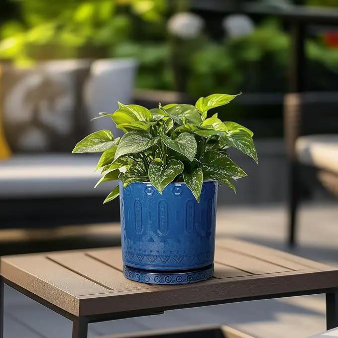 6 Inch Plant Pot - Ceramic Planter for Outdoor Plants Indoor Plant Pot with Drainage Holes and Saucer Succulent Pot Modern Round Flower Pot for House Room Decor Blue by GreenHaven Gardens