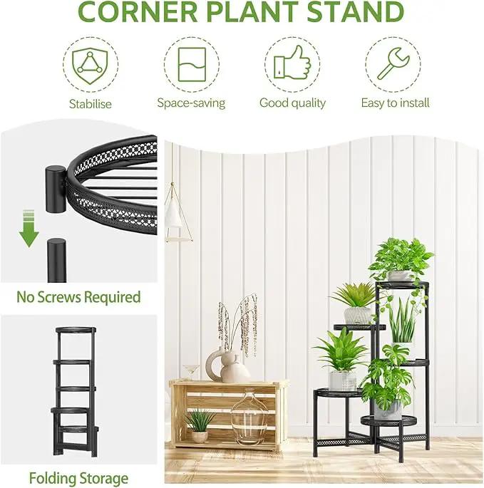 iDavosic.ly 5 Tier Large Plant Stand Indoor with 10-Inch Wide Drainage Tray, Tiered Corner Metal Outdoor Flower Display Holder Shelf, Folding Tall Rack for Patio Porch Balcony, Black Iron Carving by GreenHaven Gardens