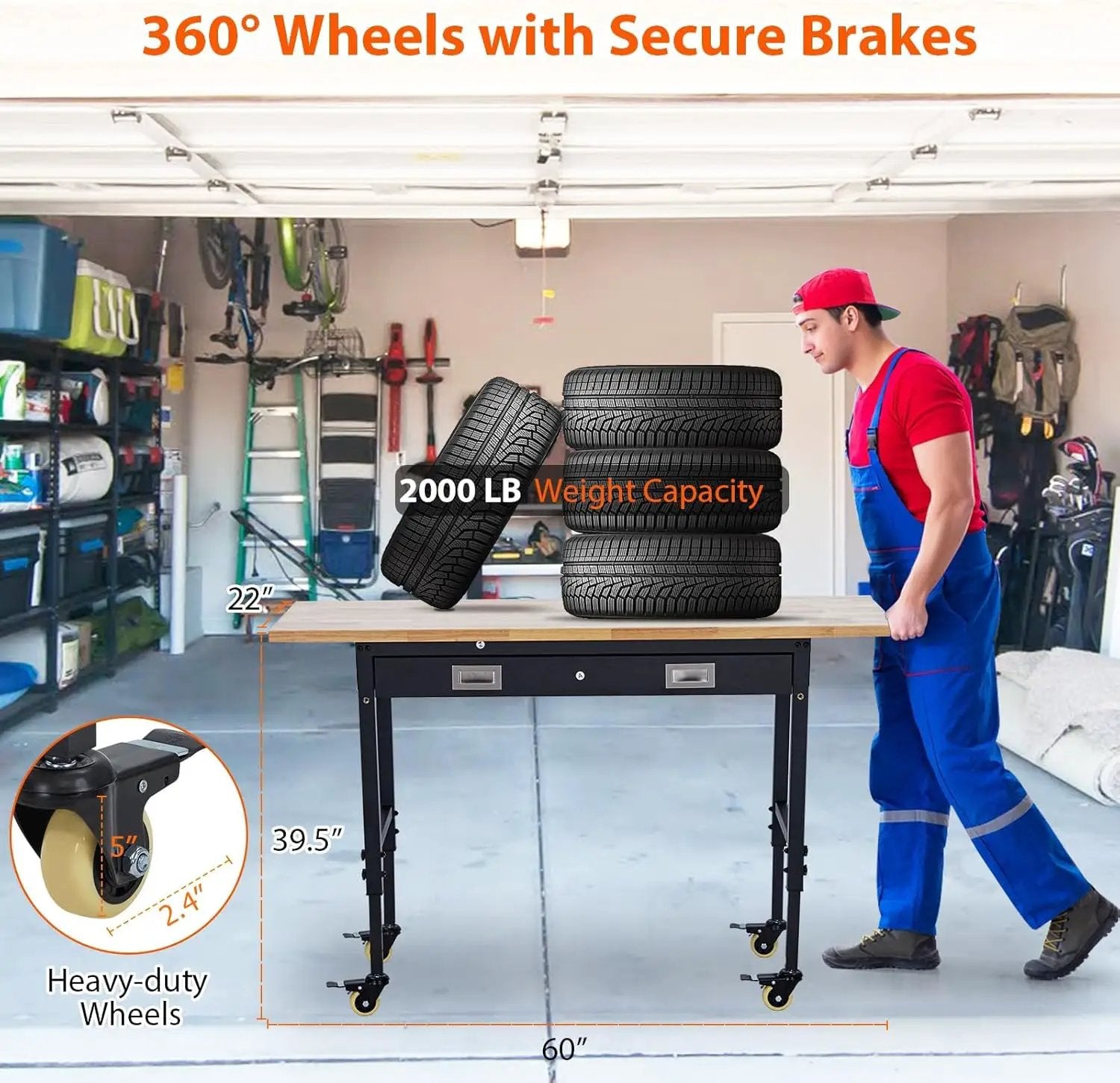 60'' Adjustable Workbench, Heavy Duty Workbench with Drawer, Power Outlet and Lockable Wheels, 2000 LBS Capacity, Work Table Suitable for Office, Garage, Workshop by GreenHaven Gardens