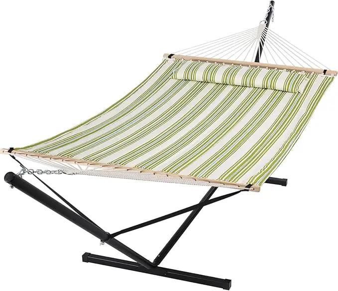 SUNCREAT Portable Double Hammock with Stand, 475 lbs Capacity, Heavy Duty Two Person Hammock with Stand Included, Green Stripe by GreenHaven Gardens