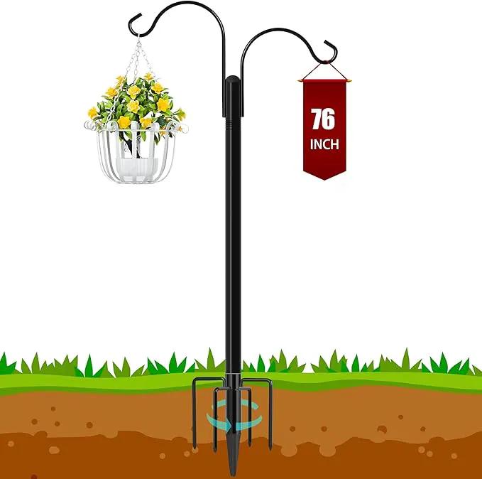 Ottsuls Double Shepherds Hooks for Outdoor, 76 Inch Bird Feeder Pole with 5 Prong Base, Upgrade 1 INCH Thick Heavy Duty Planter Hook for Hanging Baskets, Lantern,1 Pack by GreenHaven Gardens