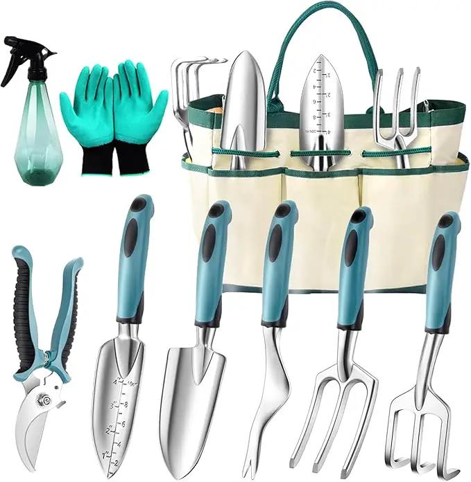 Garden Tool Set 9 PCS, Heavy Duty Gardening Hand Tools for Women, Durability Garden Tool Bag, Rust-Proof Aluminum Gardening Supplies, Ideal Gifts for Women and Men by GreenHaven Gardens