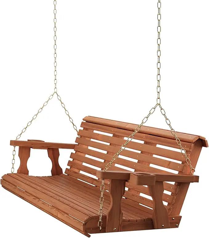 Amish Casual 6 Foot Roll Back Porch Swing with Cup Holders in Cedar Stain - Amish Made in The USA from Treated Pine Heavy Duty 700 Lb. Weight Capacity by GreenHaven Gardens